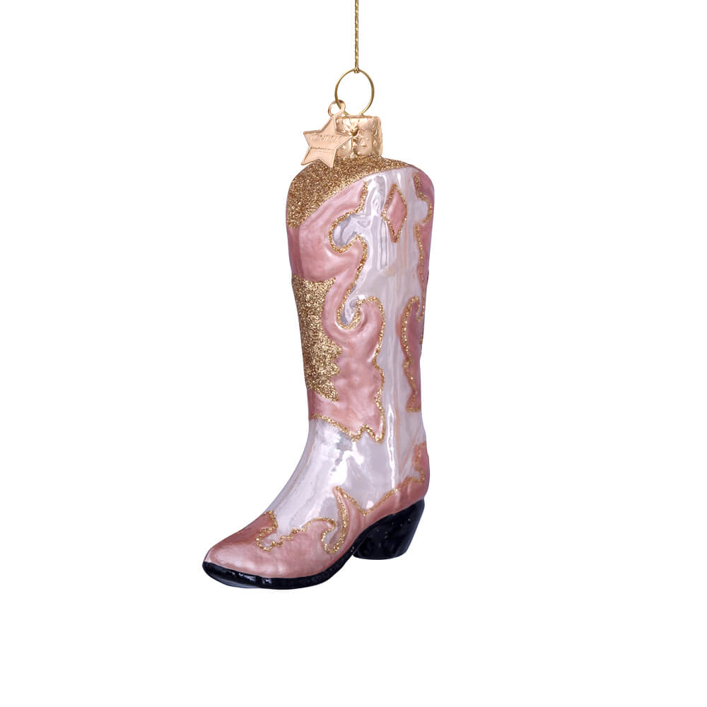 champagne-opal-cowboy-boot-ornament-vondels-christmas-light-pink-rose-gold-alt-view