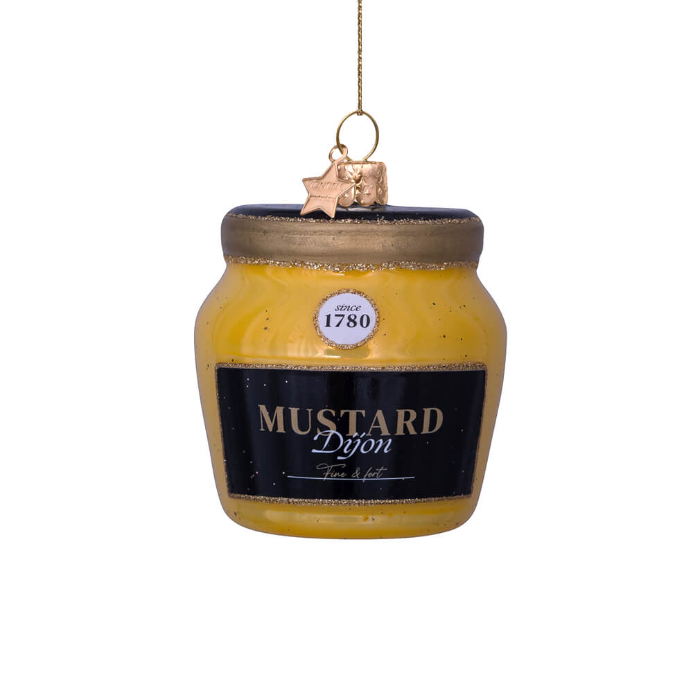 yellow-dijon-mustard-ornament-gold-glitter-vondels-christmas-foodie-condiments