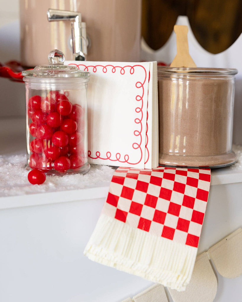 Red & Pink Checked Fringed Paper Dinner Napkins