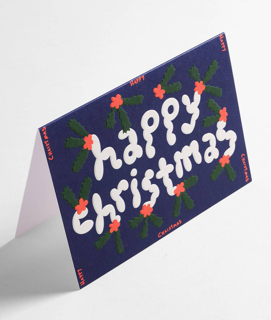 'Happy Christmas' Holly Embossed Holiday Greeting Card