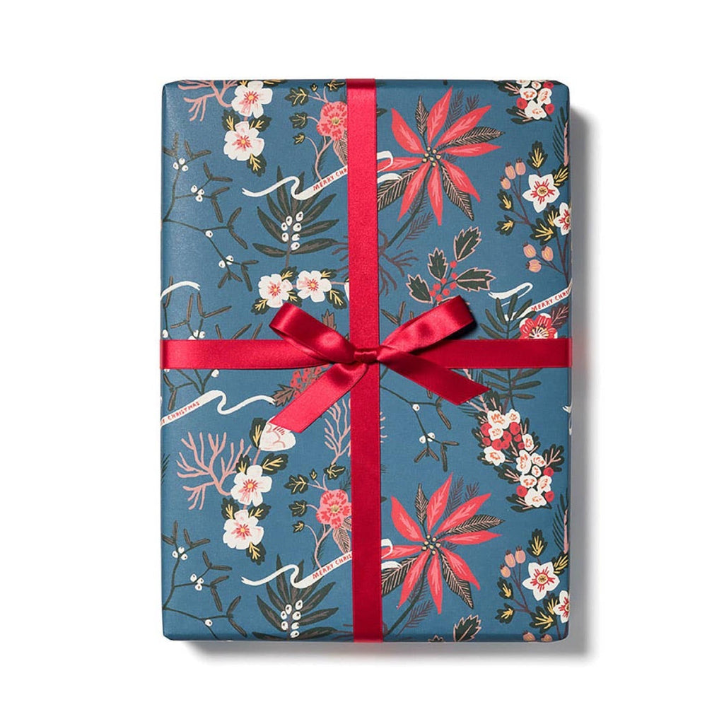 Blue Poinsettia Holiday Wrapping Paper Sheets (Roll of 3) - bubblegum market