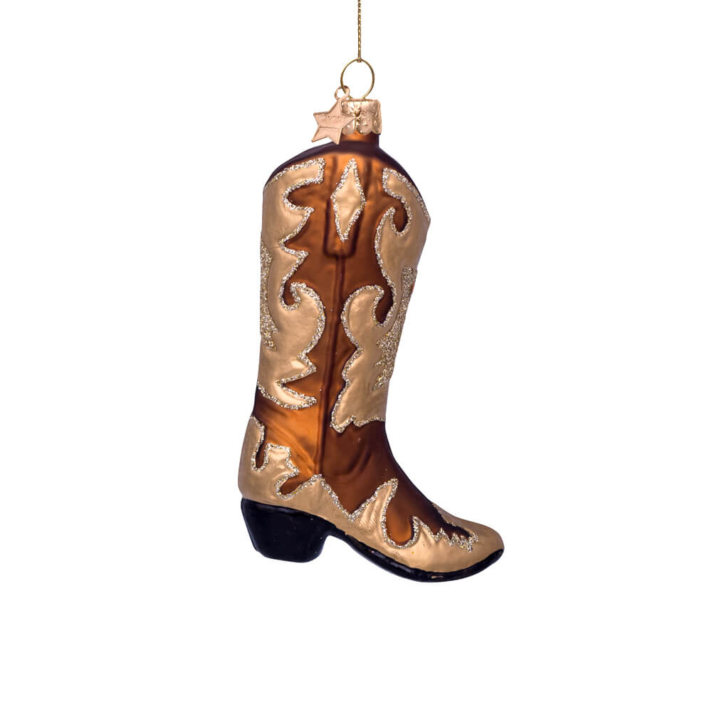 brown-cowboy-boot-ornament-vondels-christmas-gold-side-view