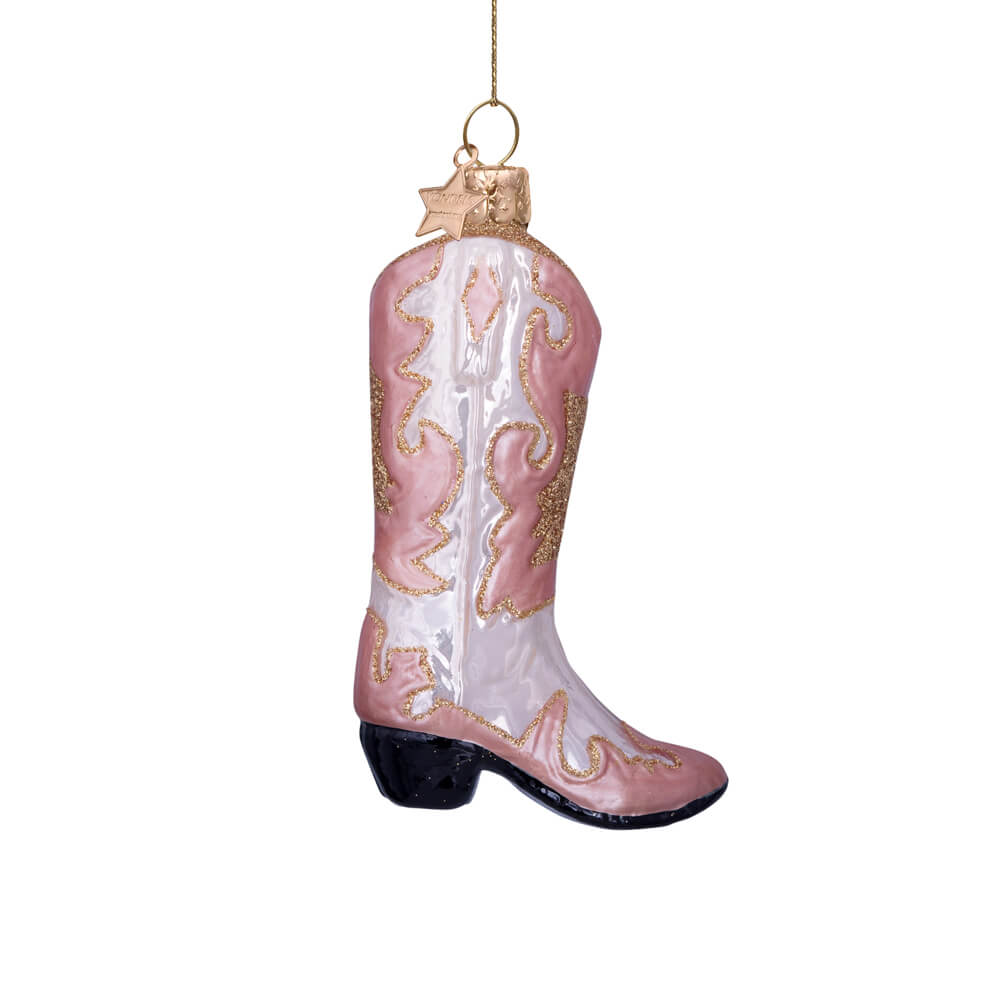 champagne-opal-cowboy-boot-ornament-vondels-christmas-light-pink-rose-gold-side-view