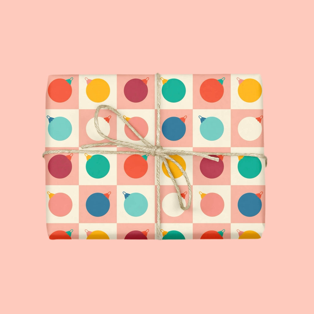 CHECKERED ORNAMENTS Holiday Gift Wrap Sheets (Roll of 3) - bubblegum market