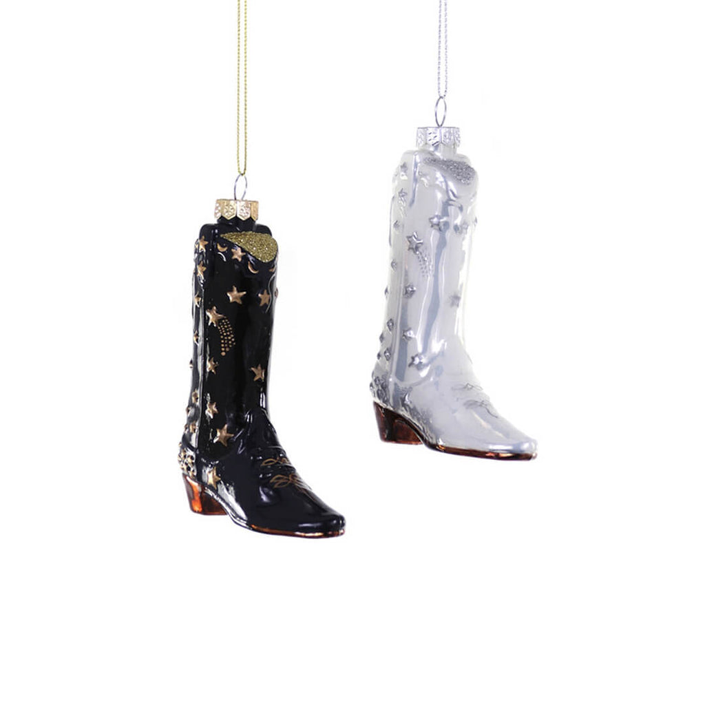 cosmic-cowboy-boot-black-white-shiny-stars-ornament-modern-country-cody-foster-christmas