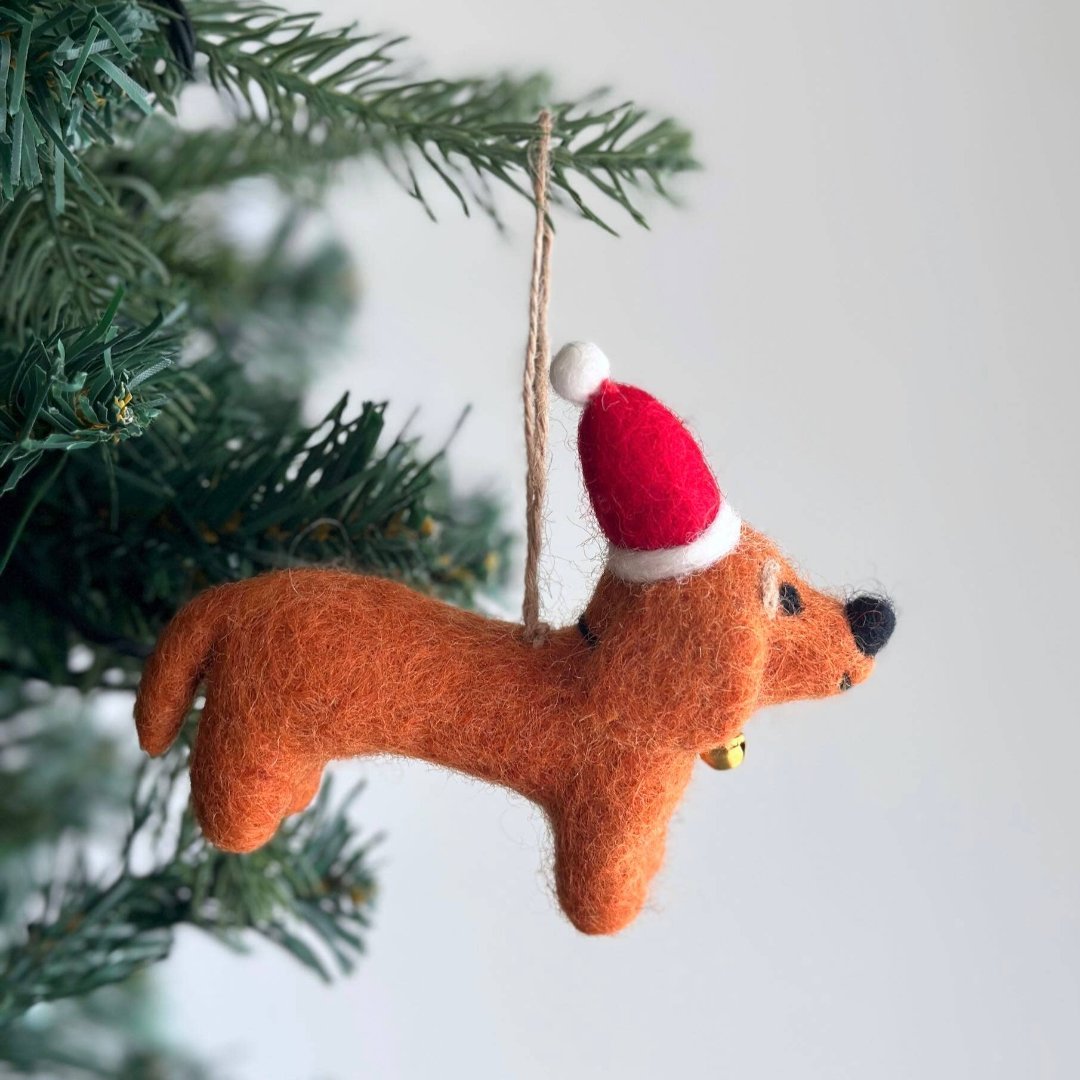 Dachshund with Santa Hat Wool Felt Ornament 4" - bubblegum market