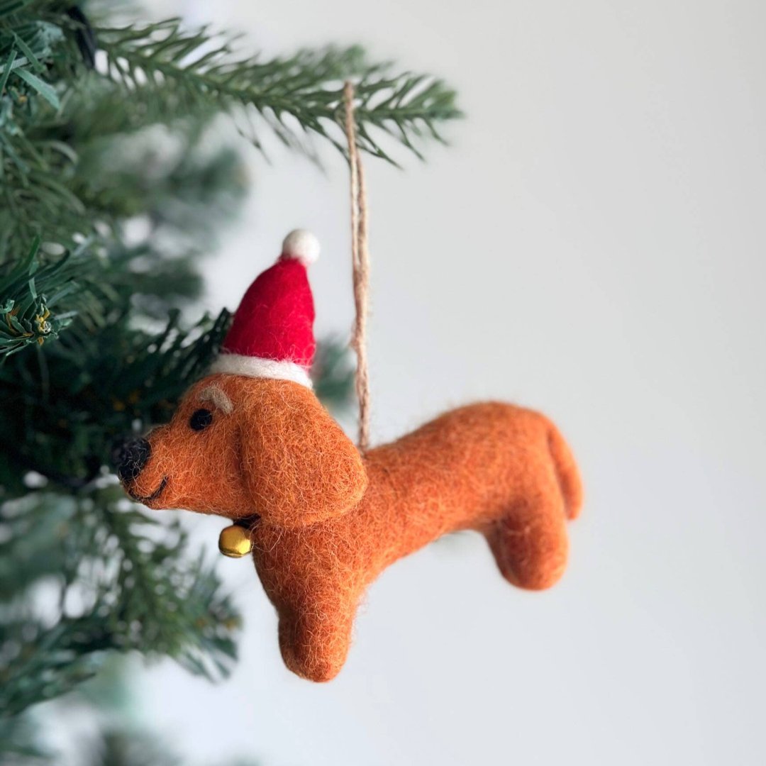 Dachshund with Santa Hat Wool Felt Ornament 4" - bubblegum market