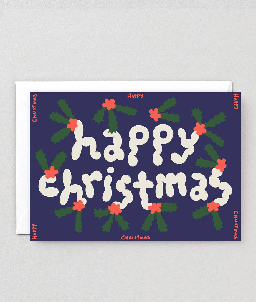 'Happy Christmas' Holly Embossed Holiday Greeting Card - bubblegum market