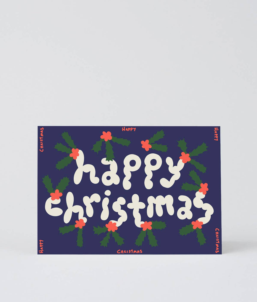 'Happy Christmas' Holly Embossed Holiday Greeting Card - bubblegum market