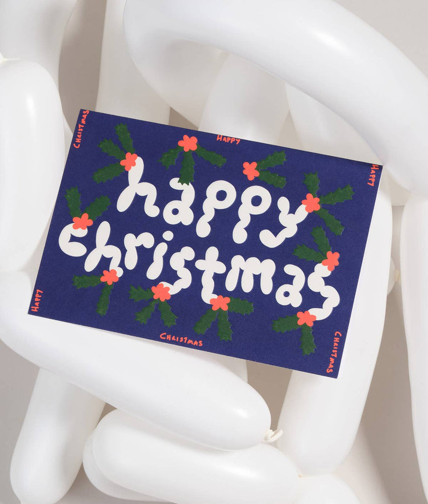 'Happy Christmas' Holly Embossed Holiday Greeting Card - bubblegum market