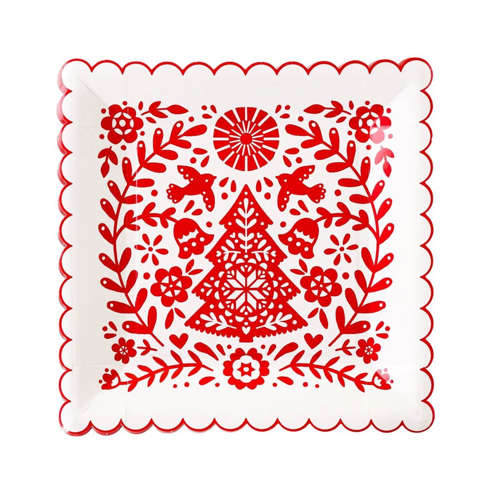 Nordic Christmas Square Scallop Paper Plates 9" - bubblegum market