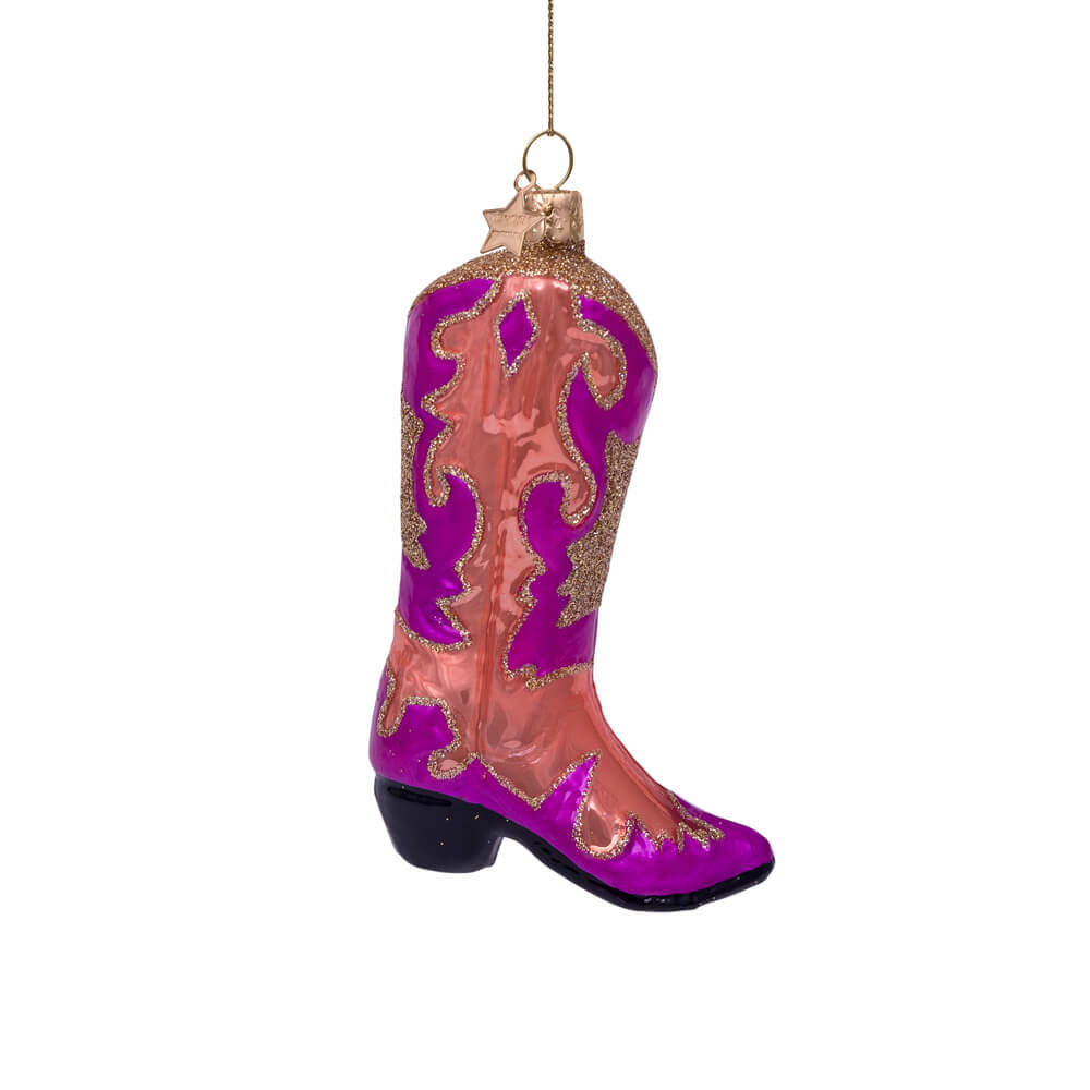 pink-orange-opal-cowboy-boot-ornament-vondels-christmas-magenta-coral-rose-gold-side-view