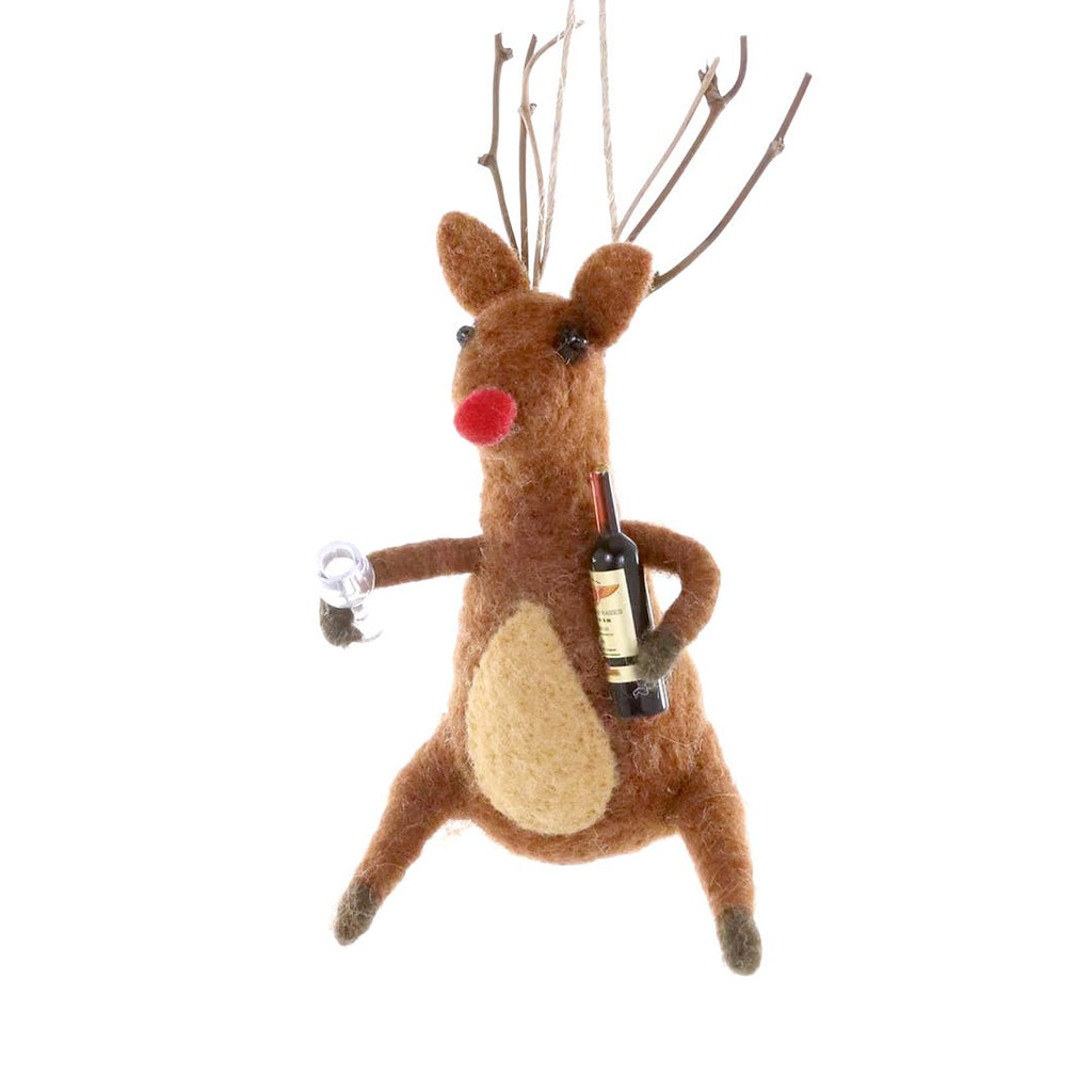Reindeer w/ Wine Felt Ornament 6" - bubblegum market