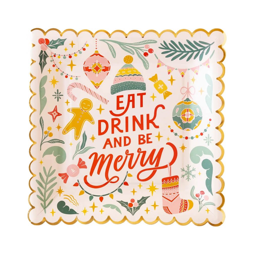 Retro Christmas Square Merry Paper Plates 9" - bubblegum market