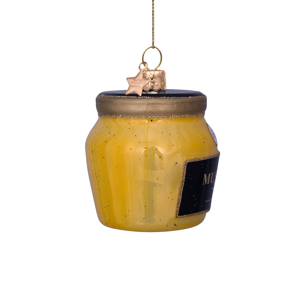 yellow-dijon-mustard-ornament-gold-glitter-vondels-christmas-foodie-condiments-side-view