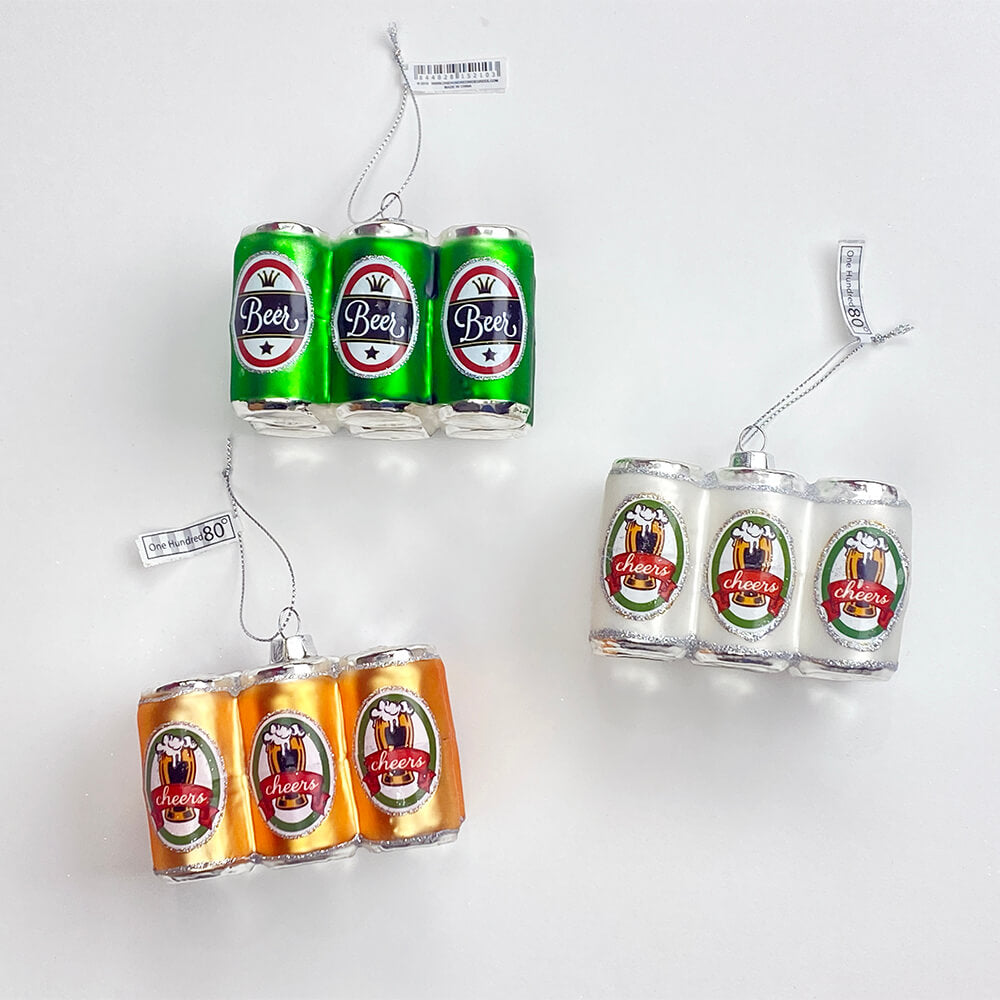180-one-hundred-80-degrees-glass-six-pack-of-beer-christmas-ornament-gold-green-white-3-assorted-colors