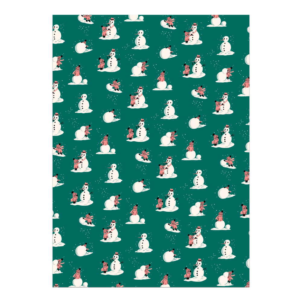 Building-Snowman-Full-Sheet-Holiday-Gift-Wrap-Green-Red