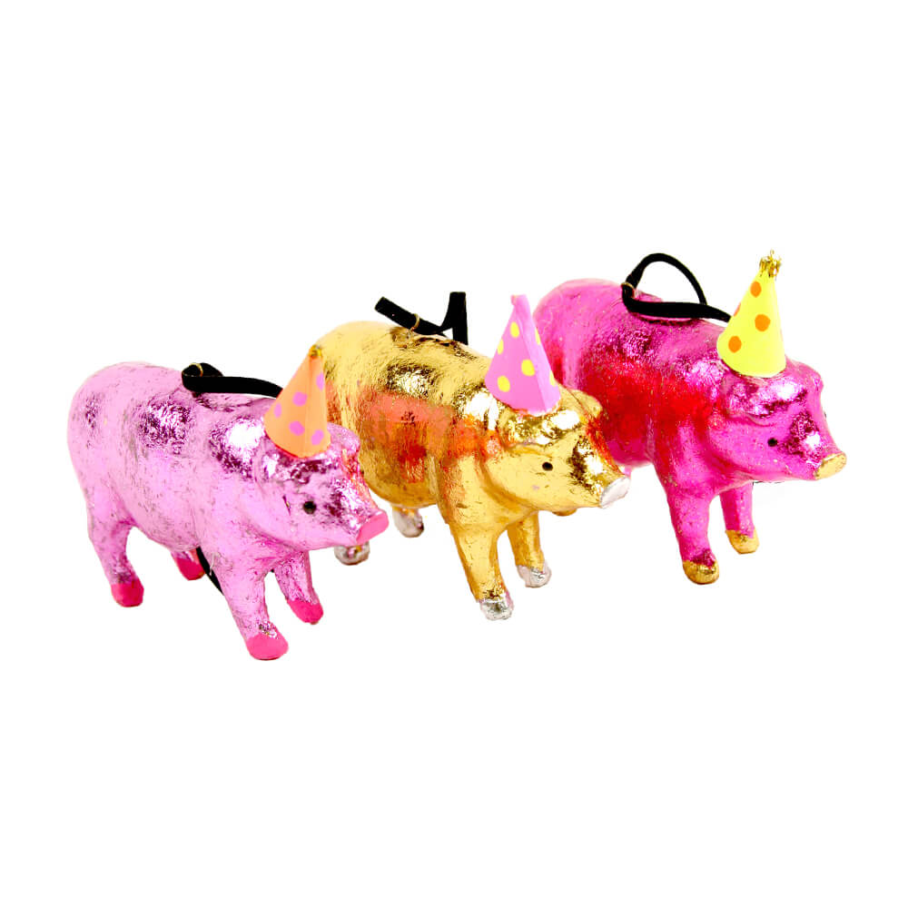 Lucky Pig with Party Hat Ornament 3.75"